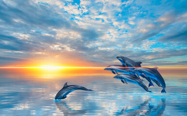 Panele Szklane  Group of dolphins jumping on the sea wave at sunset 
