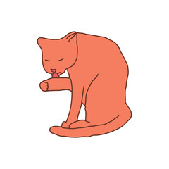 Cosy hand drawn cat. Washing, sitting. Vector illustration. Editable lines. Colored with outlines.