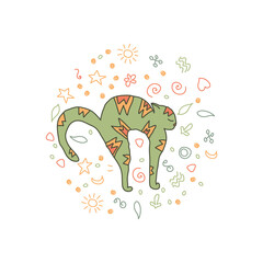 Cosy hand drawn cat with decorations. Vector illustration. Editable lines. Colored with outlines, round background, cute pattern.