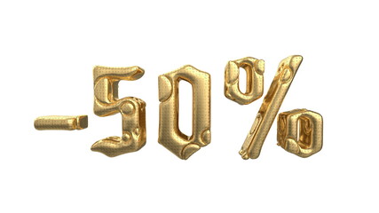 The sign -50off. Made of gold metal and white silver parts isolate on white background. Sale and advertising conceptual 3d illustration