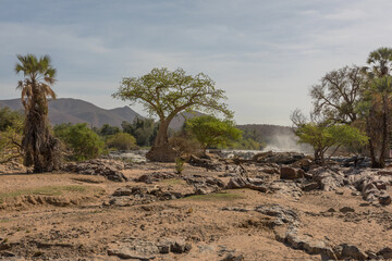 Landscape on the banks of the Kunene River, the border river between Namibia and Angola