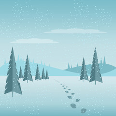 Background illustration. Footprints in the snow in the evening  forest.