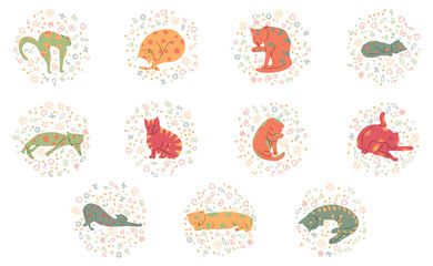 Cosy set cat hand drawn with decorations. Vector illustration. Editable lines. Colored, round background, cute pattern.