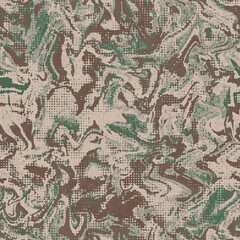Grunge camouflage dots tile, seamless ebru pattern. Military urban liquid marble camo texture.  Army or hunting green and brown colors. Wallpaper for textile and fabric. 