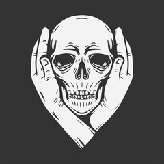 two hands cover the ears of the skull. t shirt and tattoo design. vector illustration