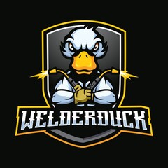 Welder Duck mascot cartoon logo design vector