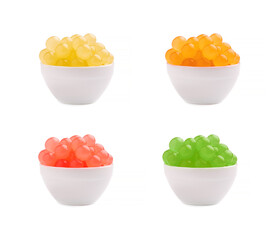 Mix tapioca pearls for bubble tea isolated on white background. Tapioca pearls in bowl.