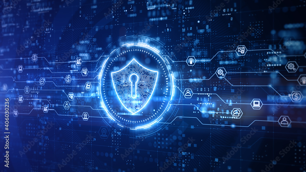 Poster shield icon of cyber security digital data, technology global network digital data protection, futur