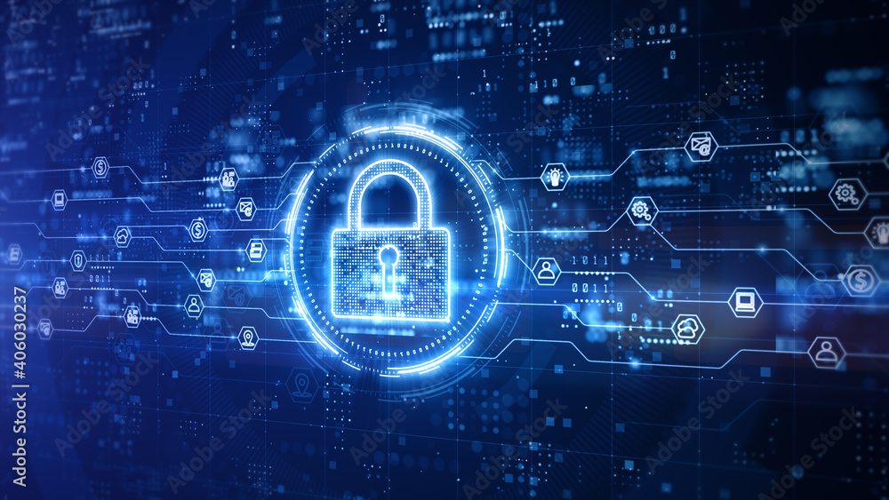 Poster padlock of cyber security digital data, technology global network digital data protection, future ba