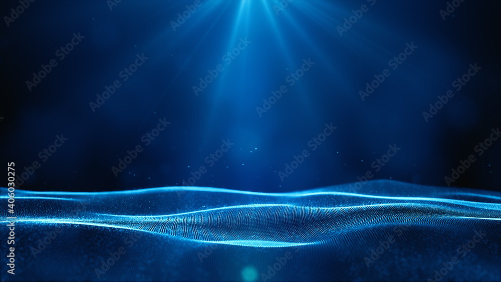 Poster digital cyberspace futuristic, blue color particles wave flowing with bokeh and light, lines and dot