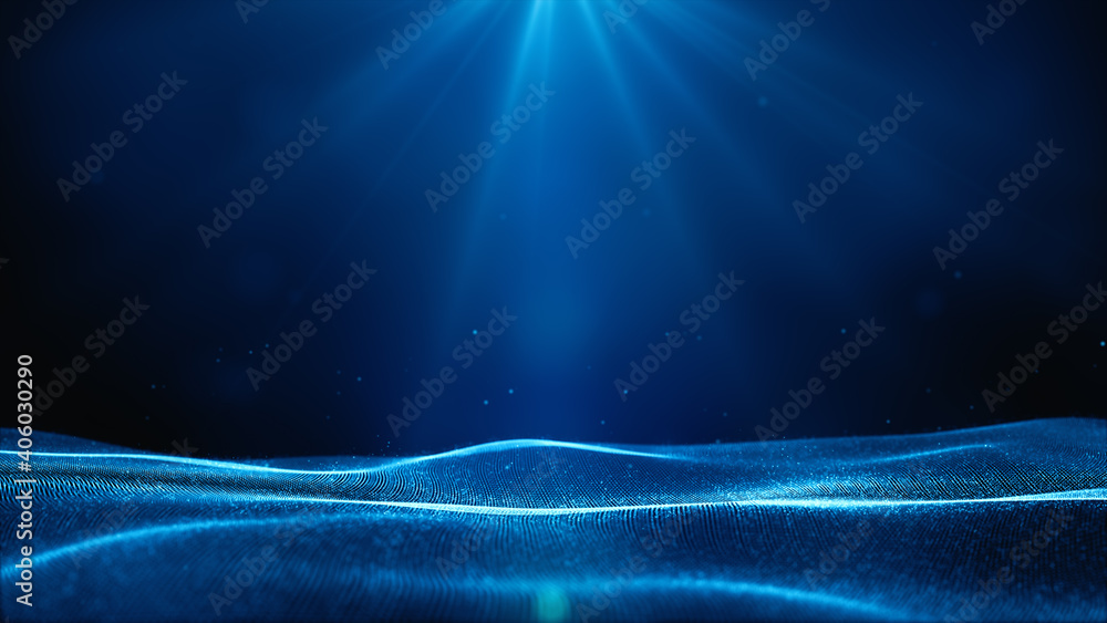 Poster digital cyberspace futuristic, blue color particles wave flowing with bokeh and light, lines and dot