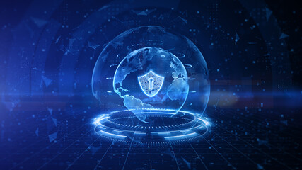 Shield Icon of Cyber Security Digital Data, Digital Data Network Protection, Global Network 5g High-Speed Internet Connection and Big Data Analysis Future Background Concept. 3D Rendering