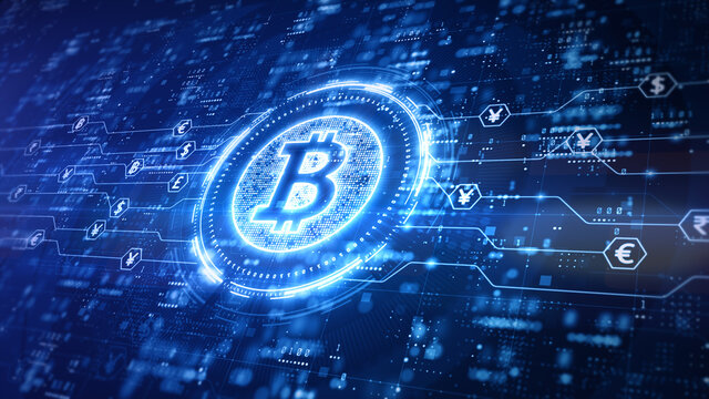 Bitcoin blockchain cryptocurrency digital encryption, Digital money exchange, Technology global network connections background concept. 3D Rendering