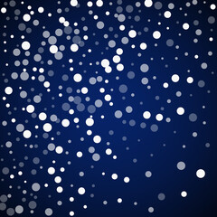 White dots Christmas background. Subtle flying snow flakes and stars on dark blue night background. Amazing winter silver snowflake overlay template. Appealing vector illustration.