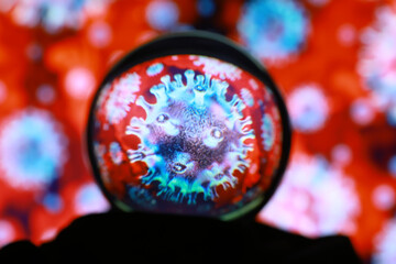 Virus cells or bacterias under microscope. Germs microbe microorganism close-up. macro photography.