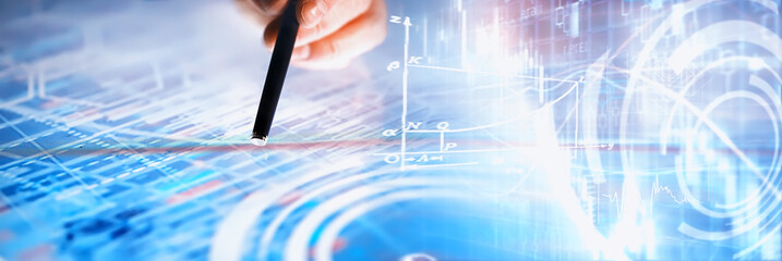 Business concept. Information technology and data processing. Hands over the screen with graphic data. A modern software product in business.