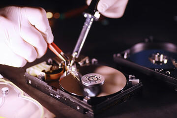 Computer equipment. Repair of PC components. Hard drive for restoration in the workshop. Winchester...