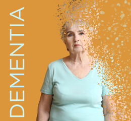 Elderly woman suffering from mental disability on color background