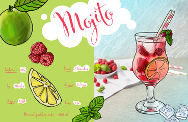 Ingredients for preparing non-alcoholic raspberry mojito cocktail