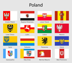 Set Flags of the voivodships of Poland, All Polish regions flag
