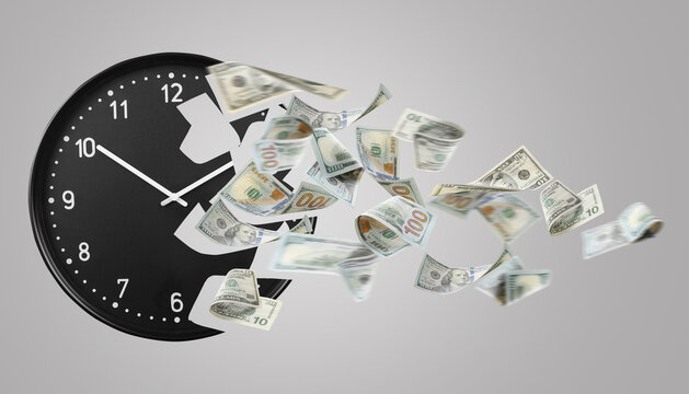 Crumbling clock with flying dollar banknotes on grey background