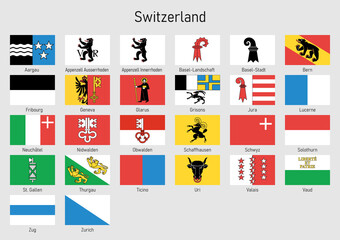 Flags of the cantons of Switzerland, All Swiss regions flag collection - obrazy, fototapety, plakaty