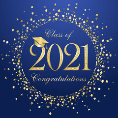 Naklejka premium Class of 2021 year graduation banner, awards concept. Shiny sign, happy holiday invitation card, golden circle. Isolated abstract graphic design template. Greeting text, round ball, blue background.