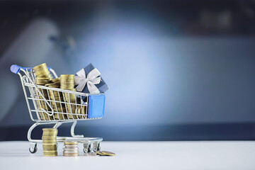 Background shopping trolley. Concept of shopping for groceries and things. Weekend shop.