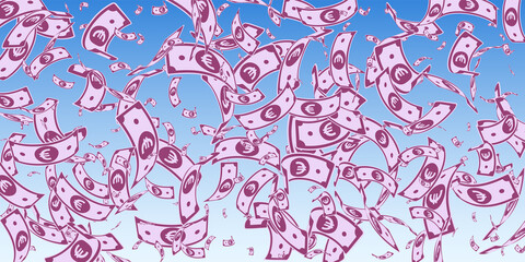 European Union Euro notes falling. Random EUR bills on blue sky background. Europe money. Astonishing vector illustration. Alluring jackpot, wealth or success concept.
