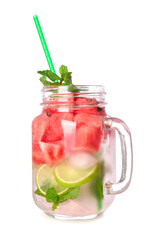 Mason jar of tasty cold watermelon lemonade on white background