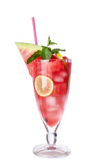 Glass of tasty cold watermelon lemonade on white background