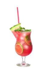 Glass of tasty cold watermelon lemonade on white background