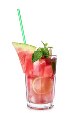 Glass of tasty cold watermelon lemonade on white background