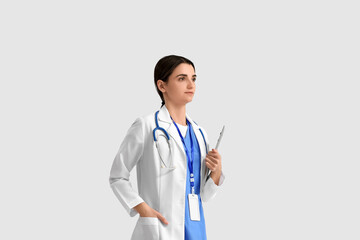 Portrait of female doctor on light background