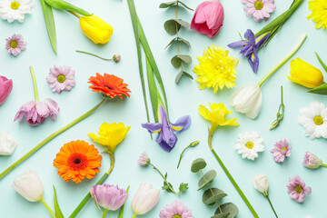Many beautiful spring flowers on color background