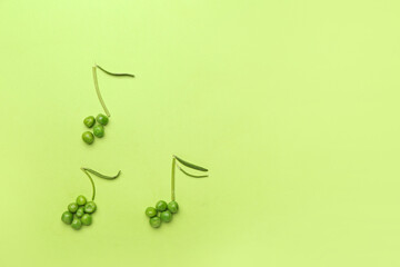Music notes made of peas on color background