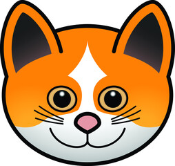 Head of a domesticated pet cat with a pink nose and yellow eyes. Ginger and white coat pattern.