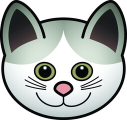 Head of a domesticated pet cat with a pink nose and olive eyes. Gray and white coat pattern.