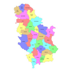 High quality labeled map of Serbia with borders of the regions