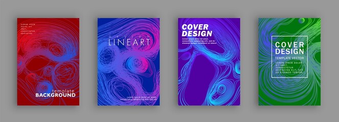 Threads-line conceptual design. Minimal covers design. Colorful halftone gradients. Background line art patterns.