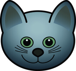 Head of a domesticated pet cat with a brown nose and green eyes. Blue coat.