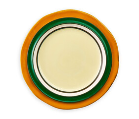 Empty ceramic plate with green and yellow edge, isolated on white background with clipping path, Top view