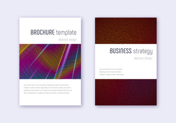 Minimalistic cover design template set. Rainbow abstract lines on wine red background. Energetic cover design. Perfect catalog, poster, book template etc.