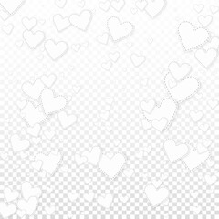 White heart love confettis. Valentine's day falling rain mesmeric background. Falling stitched paper hearts confetti on transparent background. Curious vector illustration.