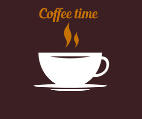 vector coffee cup. hot coffee with steam in a white cup on a brown dark background