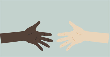 vector of two hands of different skin color. two hands reaching for each other