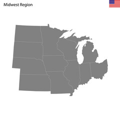 High Quality map of Midwest region of United States of America with borders