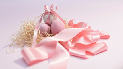 Easter eggs on a nest with pink ribbon