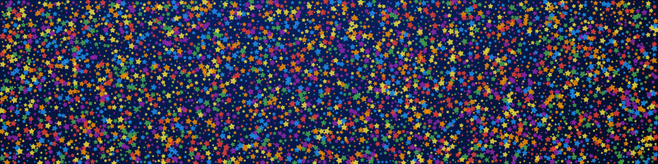 Festive delicate confetti. Celebration stars. Rainbow bright stars on dark blue background. Actual festive overlay template. Panoramic vector background.