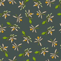 Seamless pattern with vanilla flowers on grey background